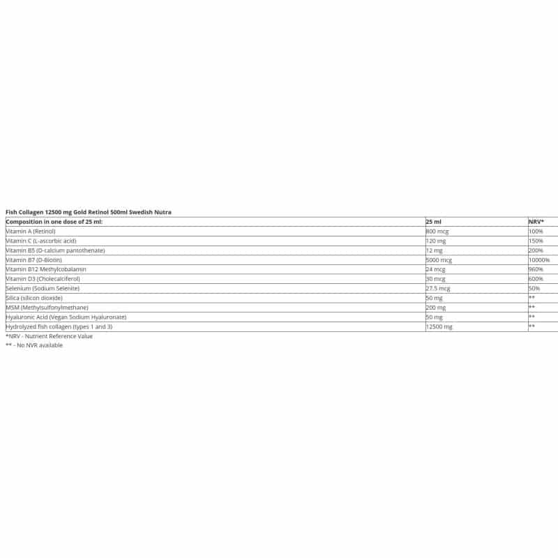Fish Collagen 12500 mg Gold Retinol Swedish Nutra - 500 мл, 20 Дози снимка 1 - HealthMall